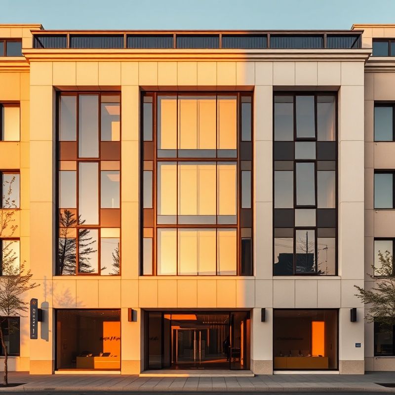 Fațada unei clădiri contemporane de birouri financiare din Constanța la lumina după-amiezii