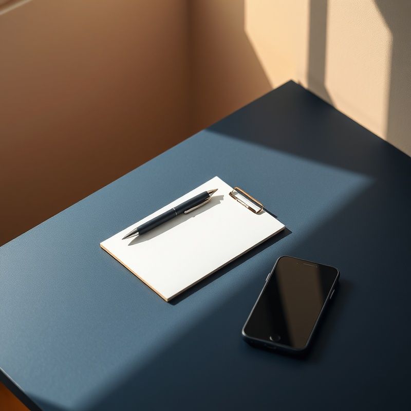Birou minimalist cu notes, stilou și telefon în tonuri indigo, sugerând comunicare