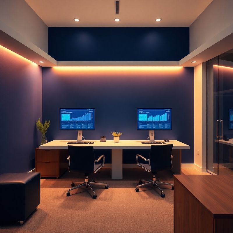 Interior de birou financiar modern cu perete accent indigo și birou minimalist cu ecrane duale